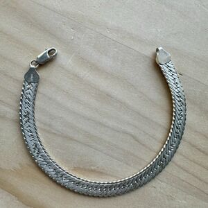 VTG IBB Herringbone Chain Bracelet 7" Diamond‎ Cut Accent Italy Sterling 12.3g